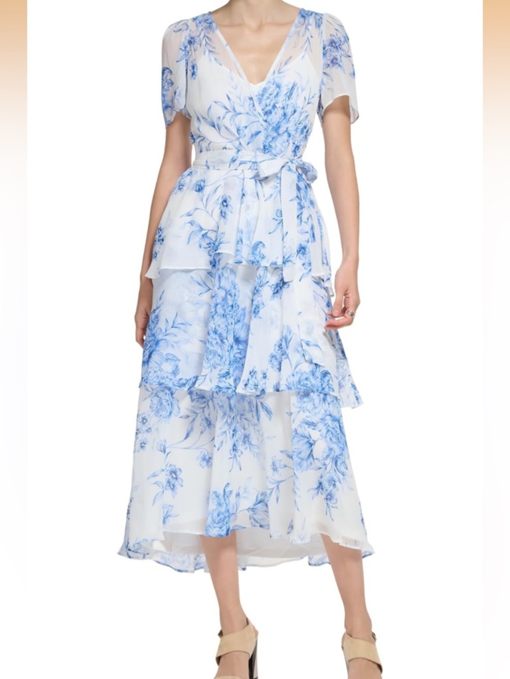 Calvin Klein Blue White Floral Midi Chiffon Dress with Pleated Skirt size 6